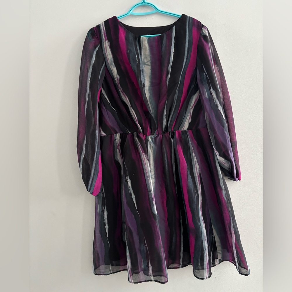 Tiana B Multicolor Striped Dress Flared Dress Flounce Sheer Billow Sleeves XL